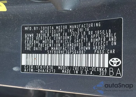 2016 Toyota Corolla Le z USA, uszkodzony, nr VIN 5YFBURHE3GP564887